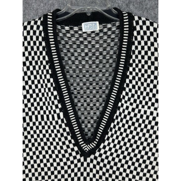 Vintage Keds Black White Checker Knit Jacquard Sweater V-Neck Oversized Sz L? - Picture 2 of 10